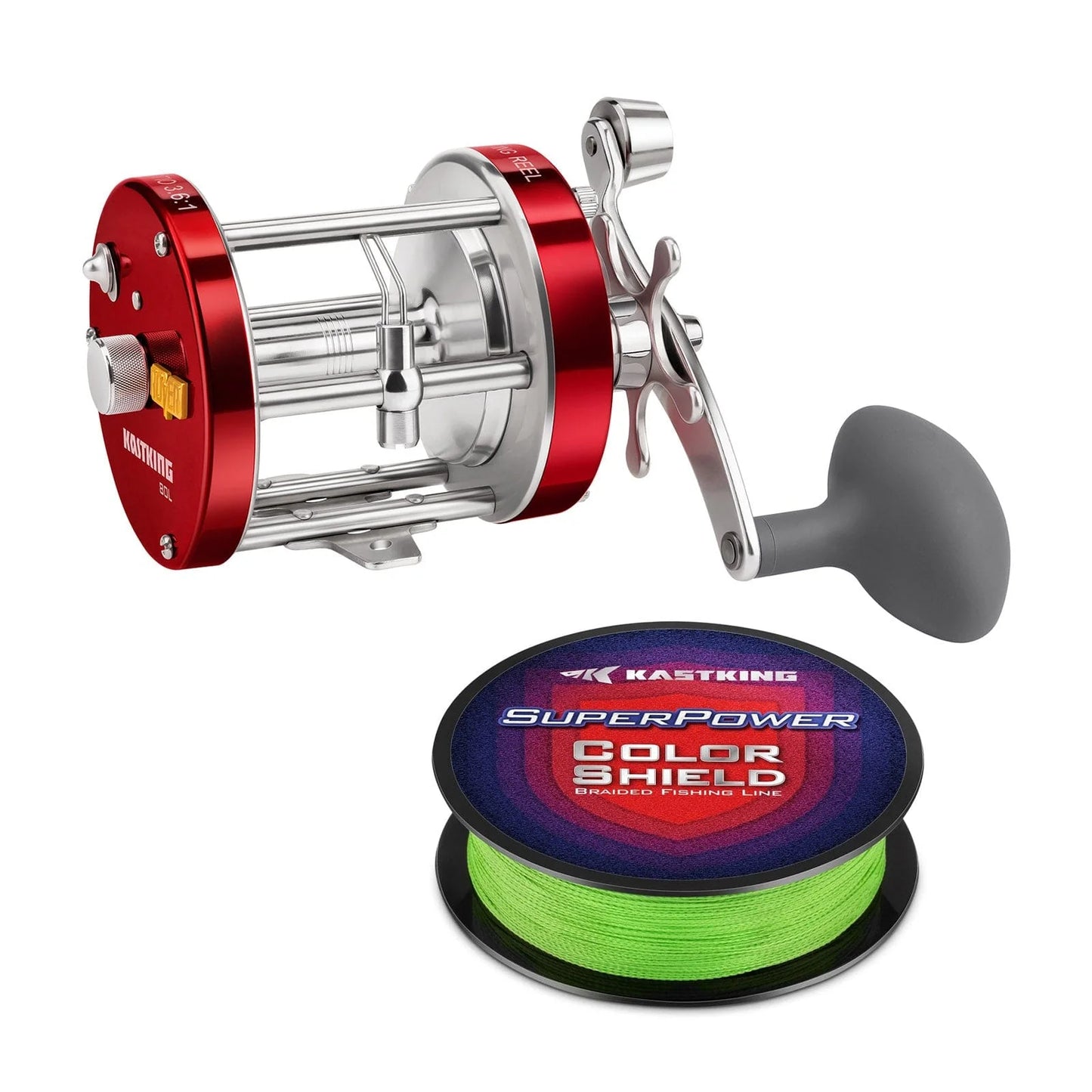 KastKing Rover Round Baitcasting Reel and SuperPower ColorShield Braided Fishing line (Random Color) Combo
