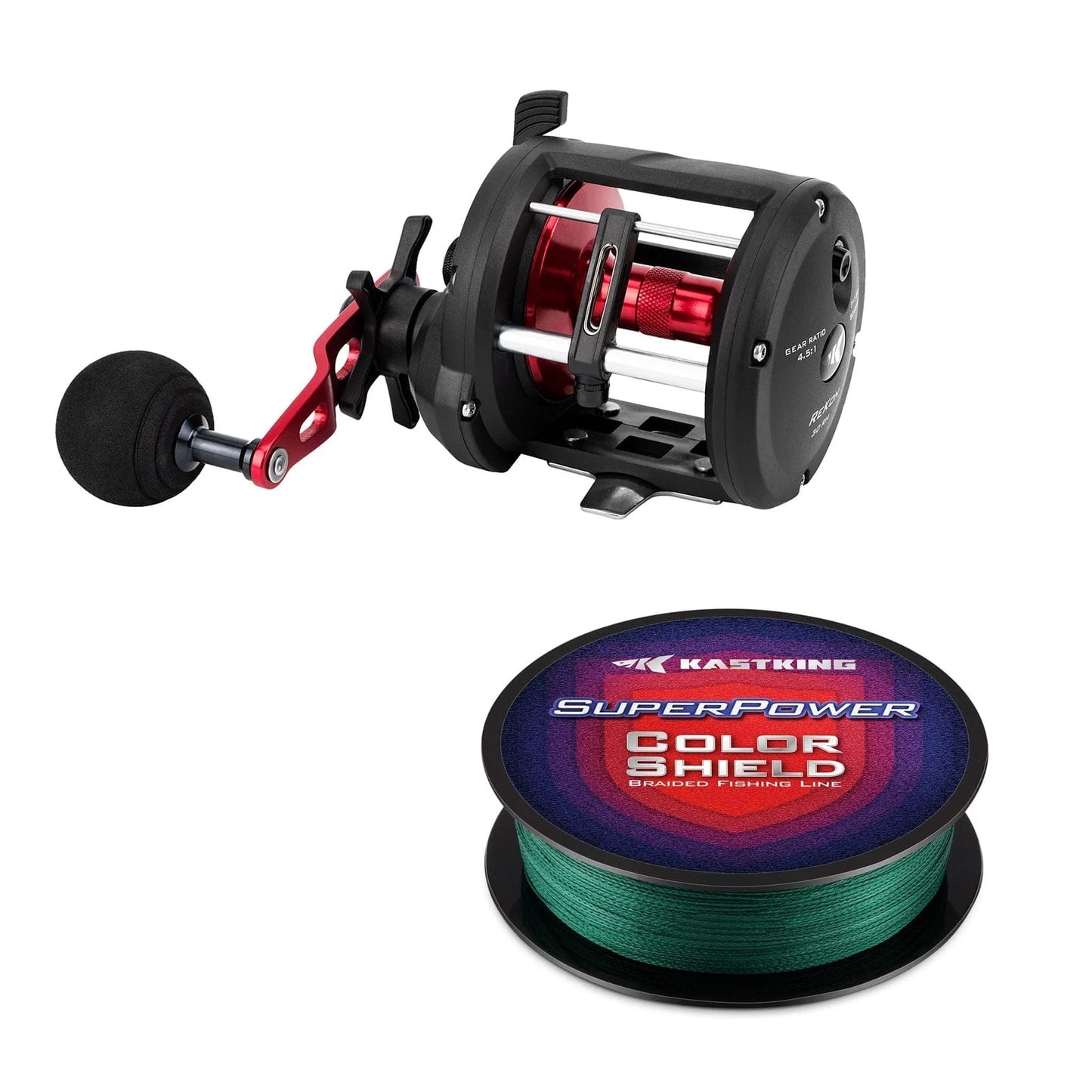 KastKing ReKon Round Baitcasting Reel and SuperPower ColorShield Braided Fishing line (Random Color) Combo