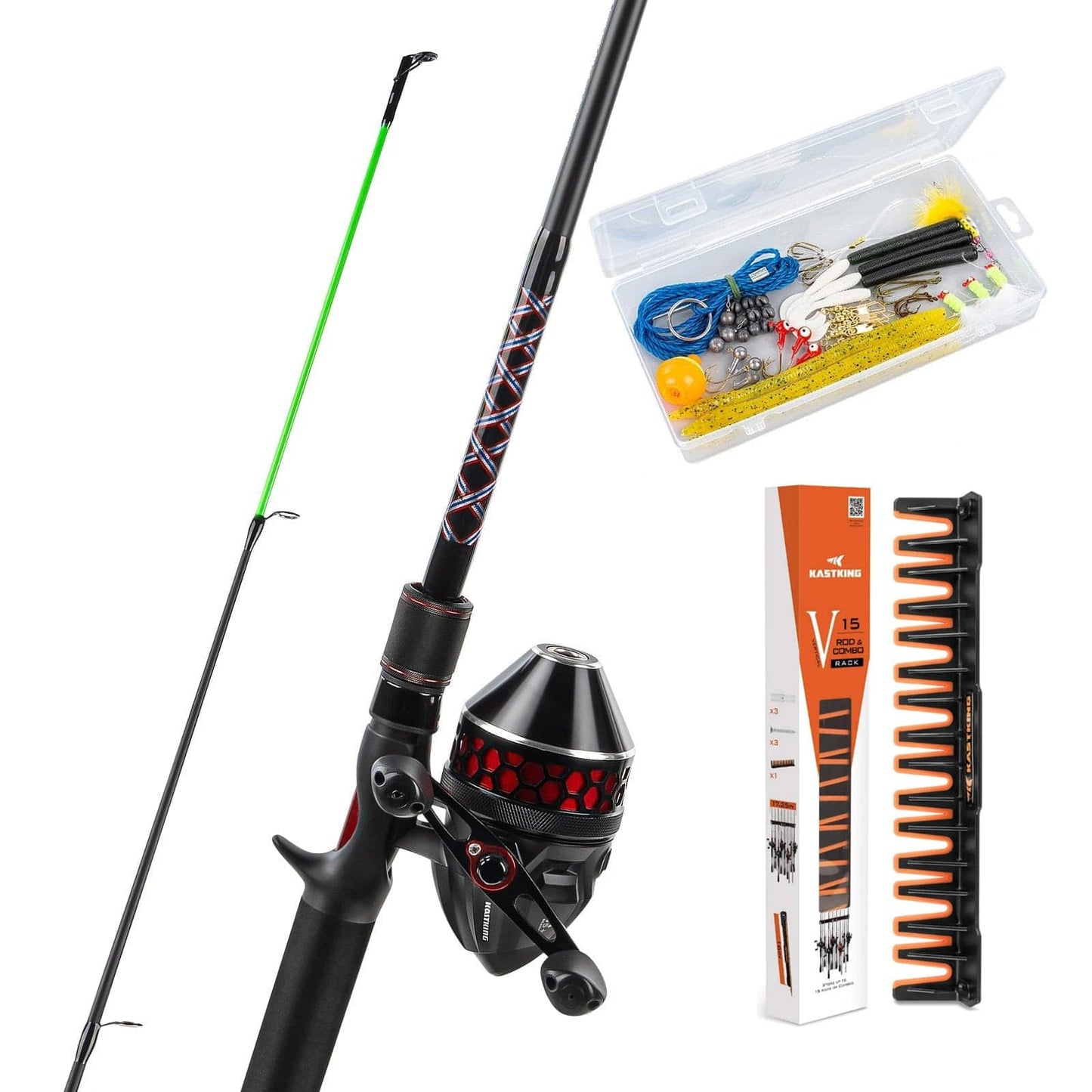 KastKing Brutus SpinCast Fishing Rod and Reel with Tackle Kit and V15 Vertical Fishing Rod Holder Combo