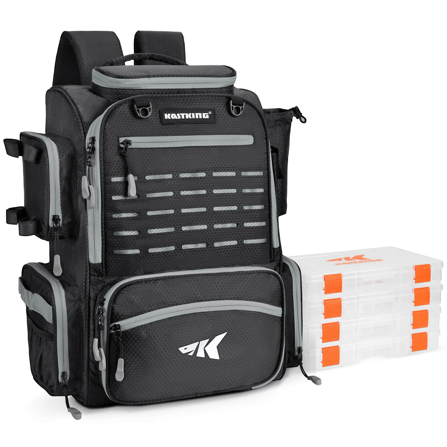 KastKing Bait Boss Fishing Tackle Backpack with Rod Holders 4 Tackle Boxes